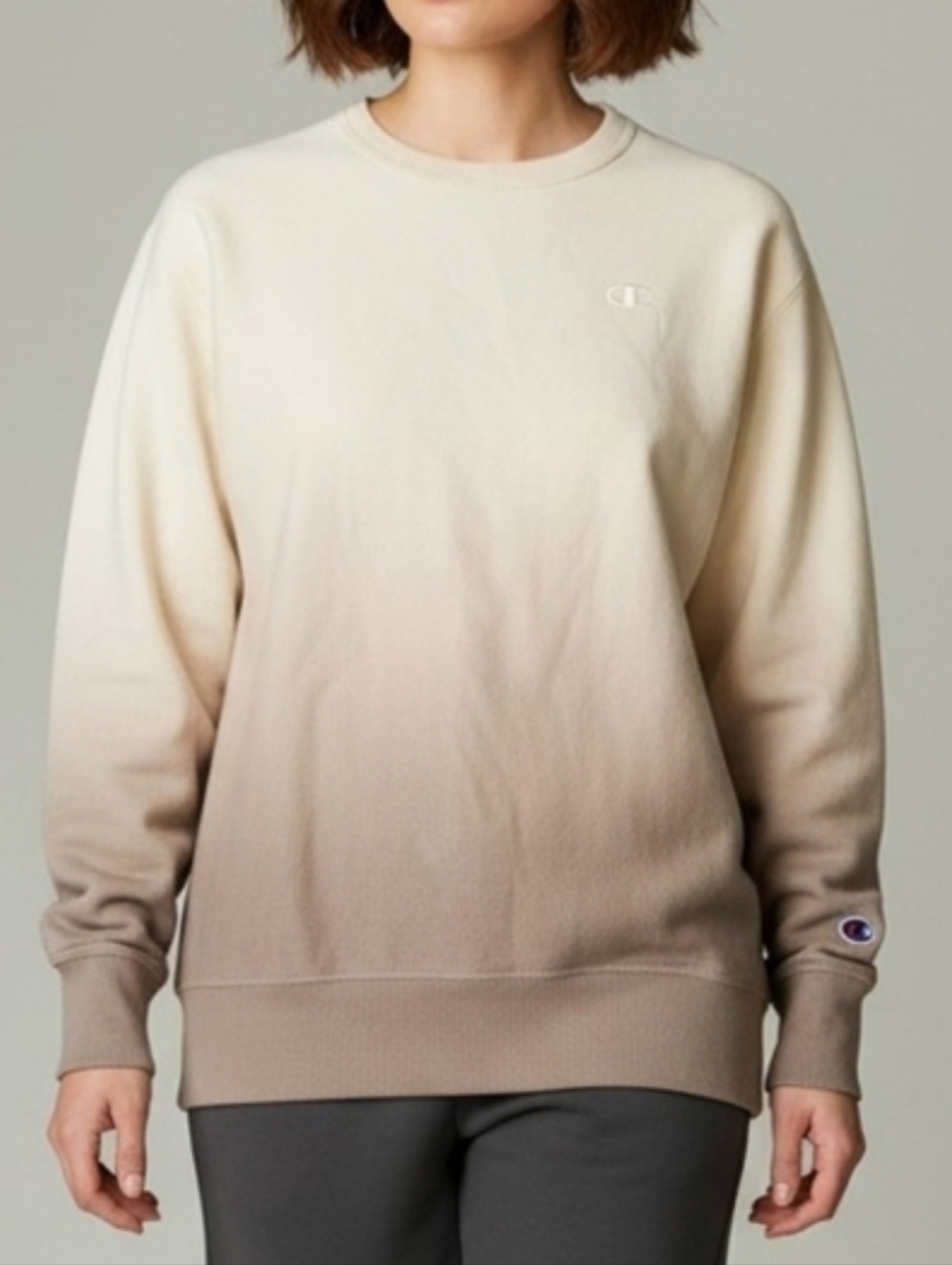 Champion Women's Crewneck Dip-Dye Ombre Sweatshirt in Cream to Taupe S